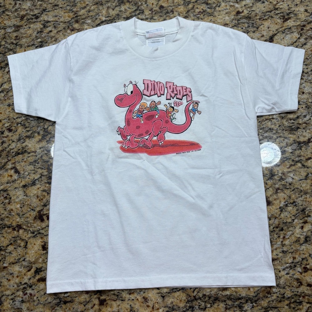Vintage Hanes Heavyweight Dino Rides Graphic T-Shirt Youth Medium White 90s v